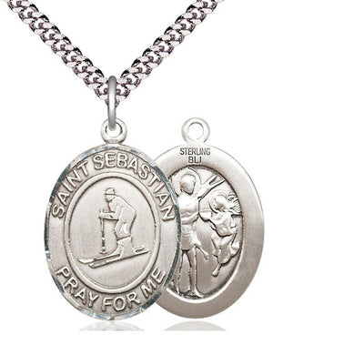 St Sebastian Skiing Catholic Patron Saint Medal, pewter / sterling silver / gold-filled (view 2), Bliss Manufacturing
