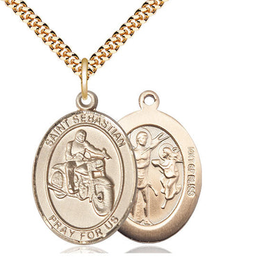 St Sebastian Motorcycle Catholic Patron Saint Medal, pewter / sterling silver / gold-filled (view 3), Bliss Manufacturing