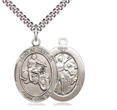 St Sebastian Motorcycle Catholic Patron Saint Medal, pewter / sterling silver / gold-filled (view 2), Bliss Manufacturing
