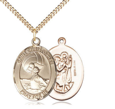 Large 14kt Gold Filled St. Christopher/Water Polo-Women Pendant on a 24 inch Gold Plate Heavy Curb Chain, Bliss Manufacturing