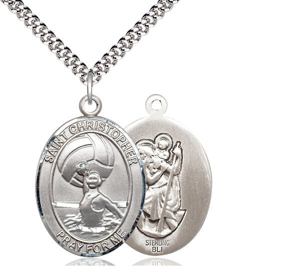 Bliss Manufacturing Large Sterling Silver St. Christopher/Water Polo-Women Pendant on a 24 inch Rhodium Heavy Curb Chain