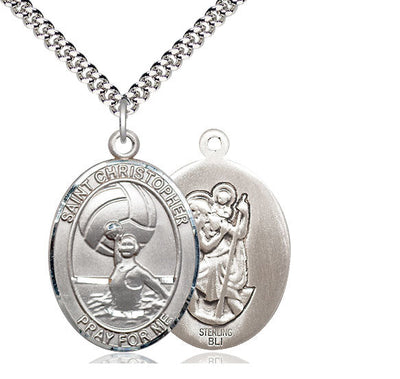 Large Sterling Silver St. Christopher/Water Polo-Women Pendant on a 24 inch Rhodium Heavy Curb Chain, Bliss Manufacturing