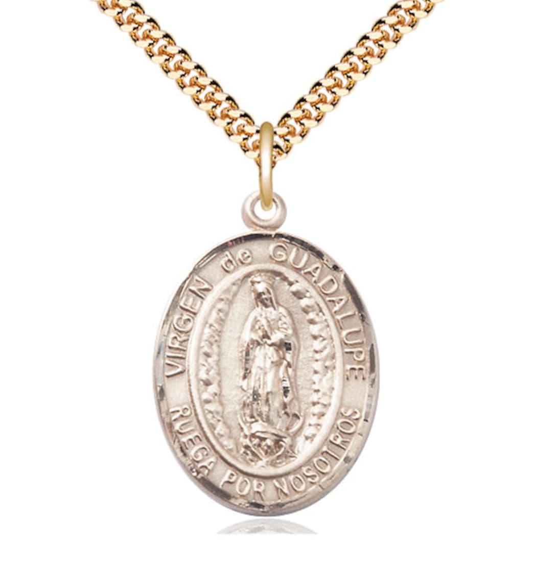 Bliss Spanish Virgen de Guadalupe Catholic Patron Saint Large Gold-filled Medal with Chain,