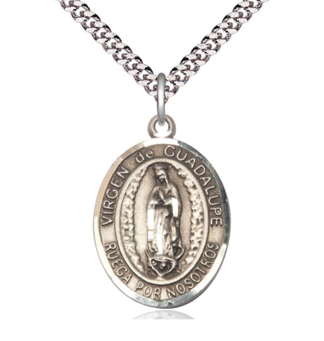 Bliss Spanish Virgen de Guadalupe Catholic Patron Saint Large Sterling Medal with Chain,