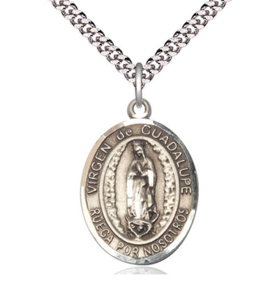 Spanish Virgen de Guadalupe Catholic Patron Saint Large Sterling Medal with Chain, Bliss Manufacturing