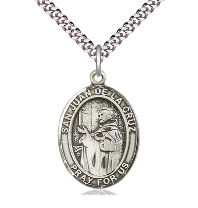 Sterling Silver San Juan de La Cruz Pendant on a 24 inch Light Rhodium Plated Heavy Curb Chain, Bliss Manufacturing