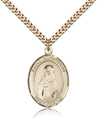 bliss manufacturing large 14kt gold filled hildegard von bingen medal on a 24 inch gold plate heavy curb chain,