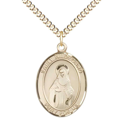 large 14kt gold filled hildegard von bingen medal on a 24 inch gold plate heavy curb chain, Bliss Manufacturing