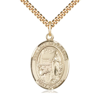 Our Lady of Lourdes Catholic Patron Saint Large 14kt Gold-filled Medal with Plated Chain, Bliss Manufacturing