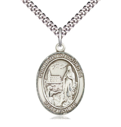 Our Lady of Lourdes Catholic Patron Saint Large Sterling Silver Medal with Plated Chain, Bliss Manufacturing