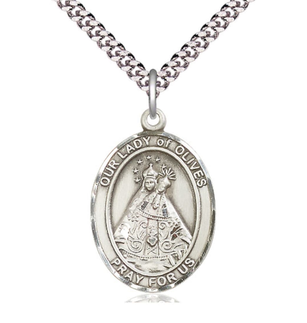 Bliss Our Lady of Olives Catholic Patron Saint Sterling Silver Large Medal with Plated Chain,