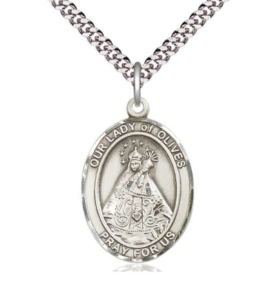 Our Lady of Olives Catholic Patron Saint Sterling Silver Large Medal with Plated Chain, Bliss Manufacturing