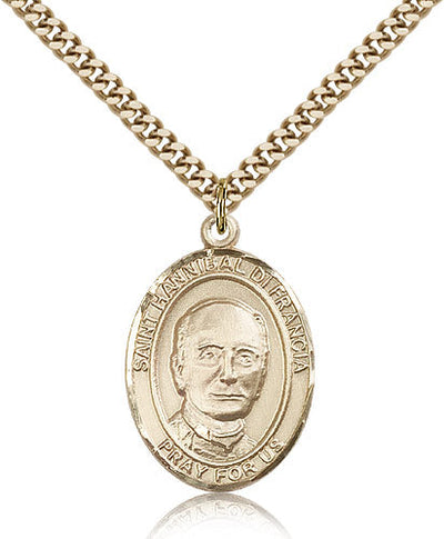 large 14kt gold filled st hannibal pendant on a 24 inch gold plate heavy curb chain, Bliss Manufacturing