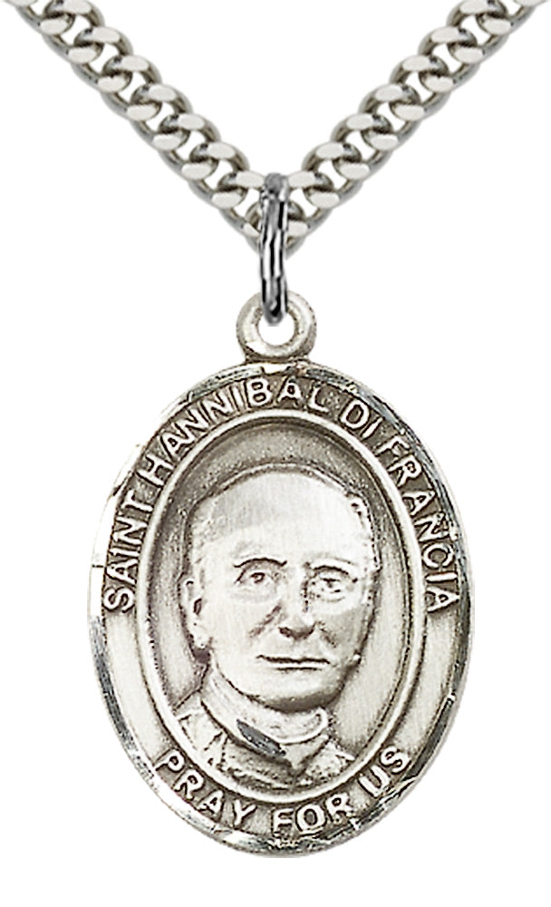 bliss manufacturing large st hannibal sterling silver medal on a 24 inch light rhodium-plated heavy curb chain,