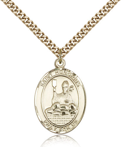 bliss manufacturing large 14kt gold filled st honorius of amiens medal on a 24 inch gold plate heavy curb chain,