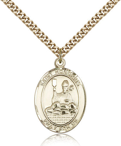 large 14kt gold filled st honorius of amiens medal on a 24 inch gold plate heavy curb chain, Bliss Manufacturing