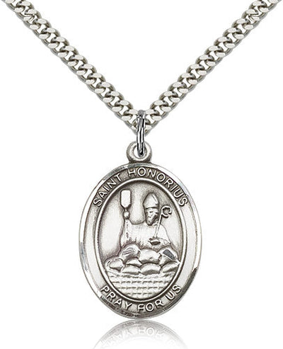 large sterling silver st honorius of amiens medal on a 24 inch light rhodium-plated heavy curb chain, Bliss Manufacturing