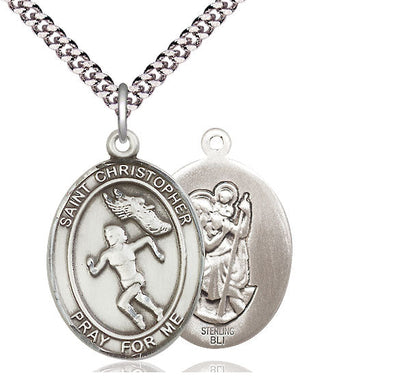 St Christopher Track & Field Women Catholic Patron Saint Medal, pewter / sterling silver / gold-filled (view 2), Bliss Manufacturing