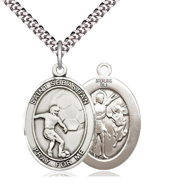 St Sebastian Soccer Player Catholic Patron Saint Medal, pewter / sterling silver / gold-filled (view 2), Bliss Manufacturing