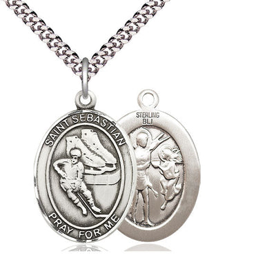 St Sebastian Ice Hockey Player Catholic Patron Saint Medal, pewter / sterling silver / gold-filled (view 2), Bliss Manufacturing