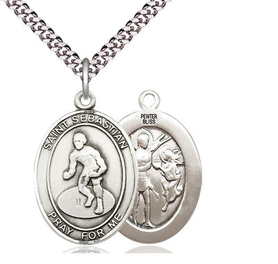 St Sebastian Wrestling Catholic Patron Saint Medal, pewter / sterling silver / gold-filled (view 2), Bliss Manufacturing