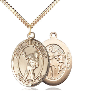 St Sebastian Lacrosse Catholic Patron Saint Medal, pewter / sterling silver / gold-filled (view 3), Bliss Manufacturing