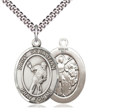 St Sebastian Lacrosse Catholic Patron Saint Medal, pewter / sterling silver / gold-filled (view 2), Bliss Manufacturing
