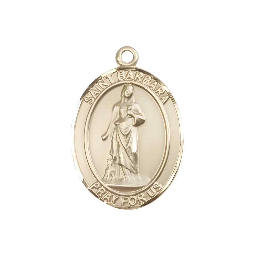 Medium Saint Barbara 14kt Gold Oval Medal Pendant comes in Deluxe Gift Box | Bliss Manufacturing