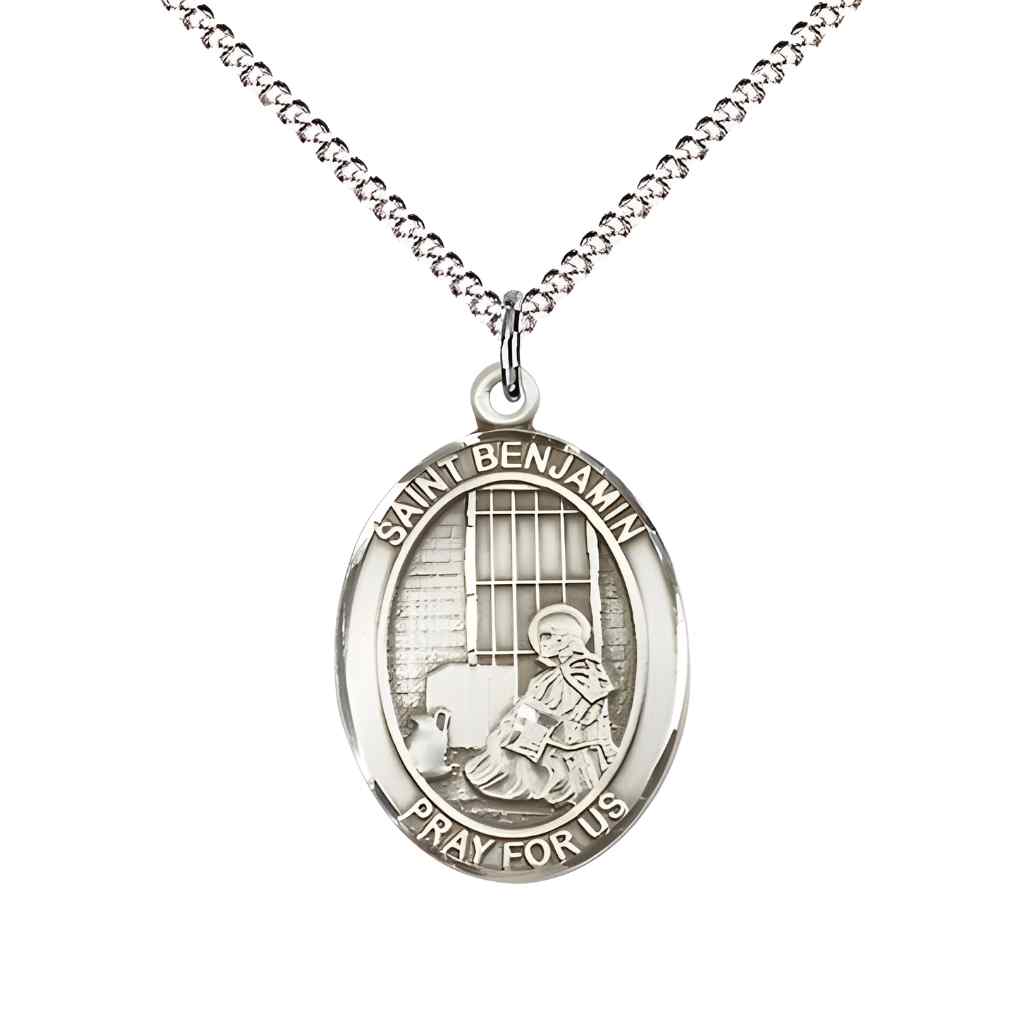 Medium Saint Benjamin Sterling Silver Oval Medal Pendant with 18" Rhodium-plated Curb Chain in Deluxe Gift Box | Bliss Manufacturing