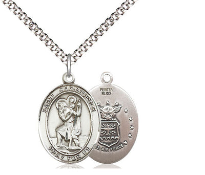 St. Christopher & Air Force Catholic Patron Saint Medal, pewter / sterling silver / gold-filled, Bliss Manufacturing
