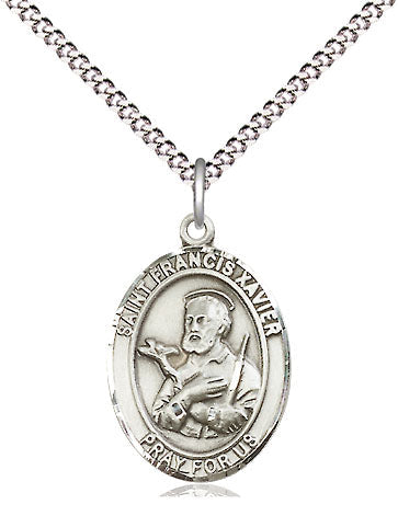 Medium Pewter St Francis Xavier Pendant on a 18 inch Light Rhodium Light Curb Chain, Bliss Manufacturing