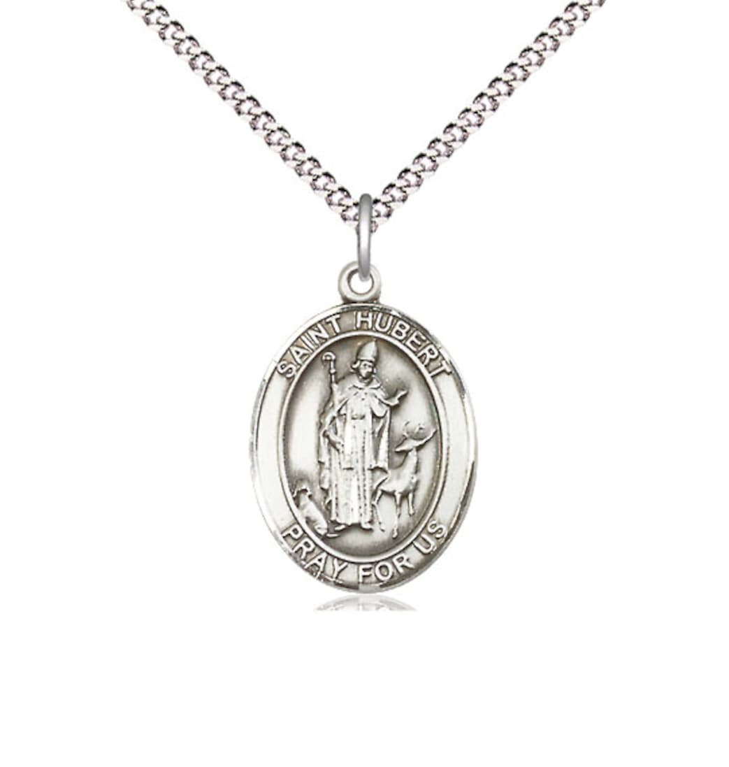 bliss manufacturing medium st hubert of liege sterling silver medal on a 18inch light rhodium-plated curb chain,