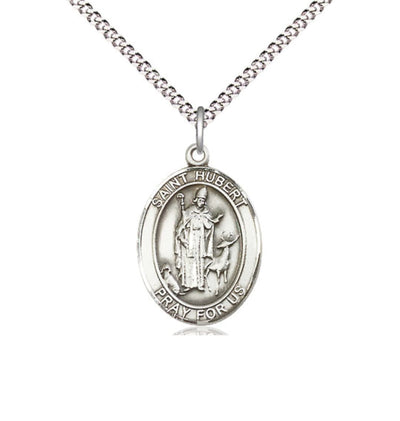 medium st hubert of liege sterling silver medal on a 18inch light rhodium-plated curb chain, Bliss Manufacturing