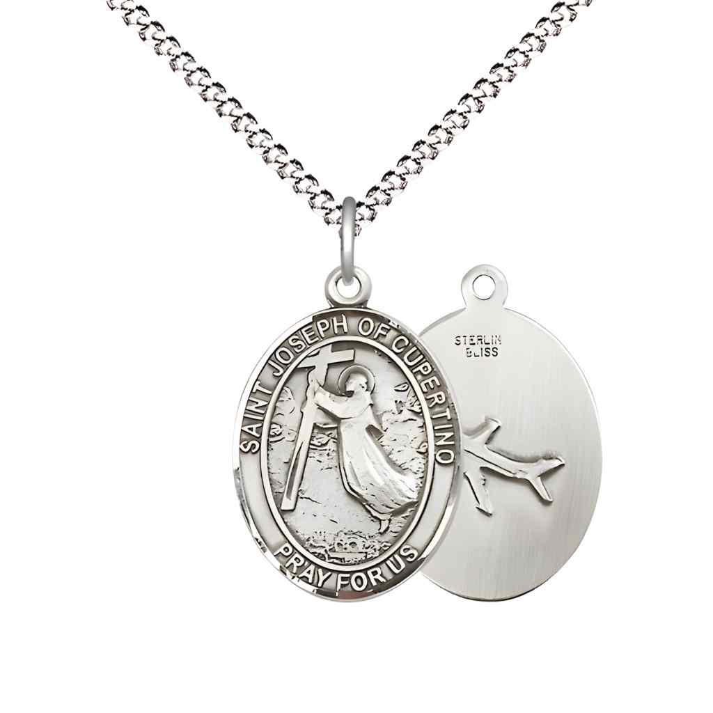 Medium Saint Joseph of Cupertino with a Plane on Back Sterling Silver Oval Medal Pendant with Rhodium-plated Chain with Deluxe Gift Box | Bliss Manufacturing