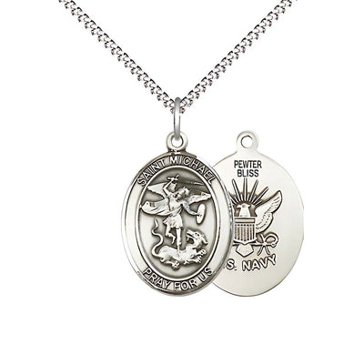 'St. Michael' and U.S. Navy Emblem Pewter Medal with Plated Chain, 3/4-inch, Bliss Manufacturing