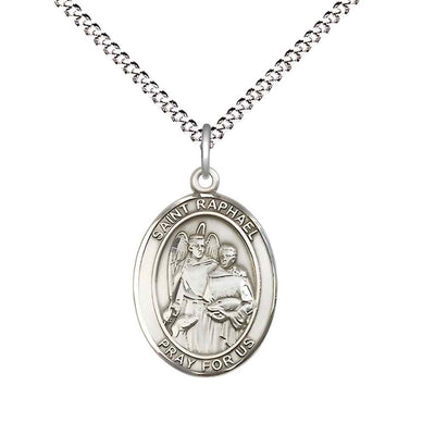 Medium Saint Raphael the Archangel Sterling Silver Oval Medal Pendant with Rhodium-plated Chain with Deluxe Gift Box | Bliss Manufacturing