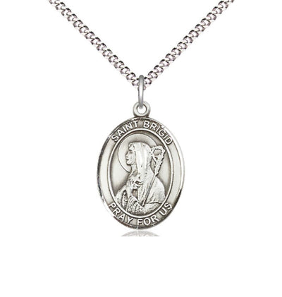Medium Size St Brigid of Ireland Catholic Patron Saint Sterling Silver Medal with Plated Chain, Bliss Manufacturing