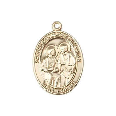 Medium St. Cosmas and St. Damian 14kt Gold Oval Medal Pendant comes with Deluxe Gift Box
