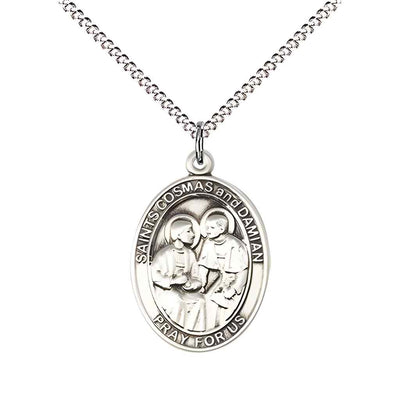 Medium St Cosmas and St Damian Necklace, sterling silver medal with optional engraving, rhodium-plated chain, Bliss Manufacturing