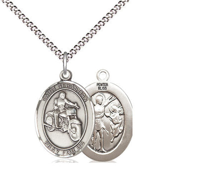 St Sebastian Motorcycle Catholic Patron Saint Medal, pewter / sterling silver / gold-filled, Bliss Manufacturing