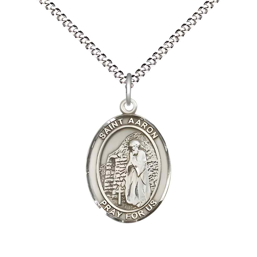 Medium Saint Aaron Sterling Silver Oval Medal Pendant with 18" Rhodium-plated Curb Chain with Deluxe Gift Box | Bliss Manufacturing