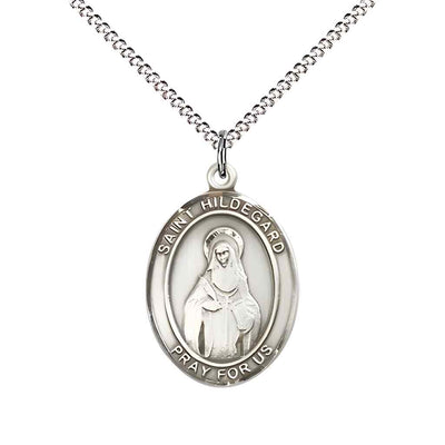medium st hildegard von bingen sterling silver medal on a 18inch light rhodium-plated curb chain, Bliss Manufacturing
