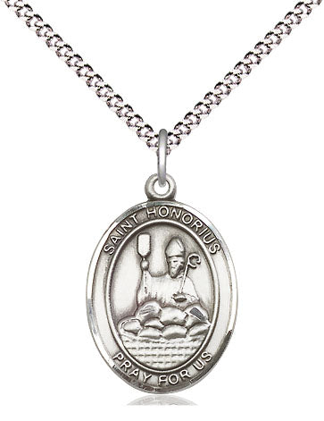 medium sterling silver st honorius of amiens medal on a 18inch light rhodium-plated curb chain, Bliss Manufacturing