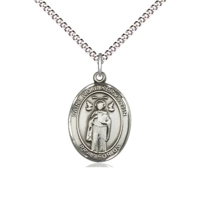 Medium Sterling Silver St Ivo of Kelmartin Catholic Saint Medal with Plated Chain, Bliss Manufacturing