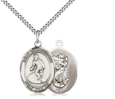 St Christopher Wrestling Catholic Patron Saint Medal, pewter / sterling silver / gold-filled (view 2), Bliss Manufacturing