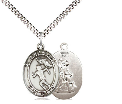 Guardian Angel Female Track & Field Catholic Patron Saint Medal, pewter / sterling silver / gold-filled (view 2), Bliss Manufacturing