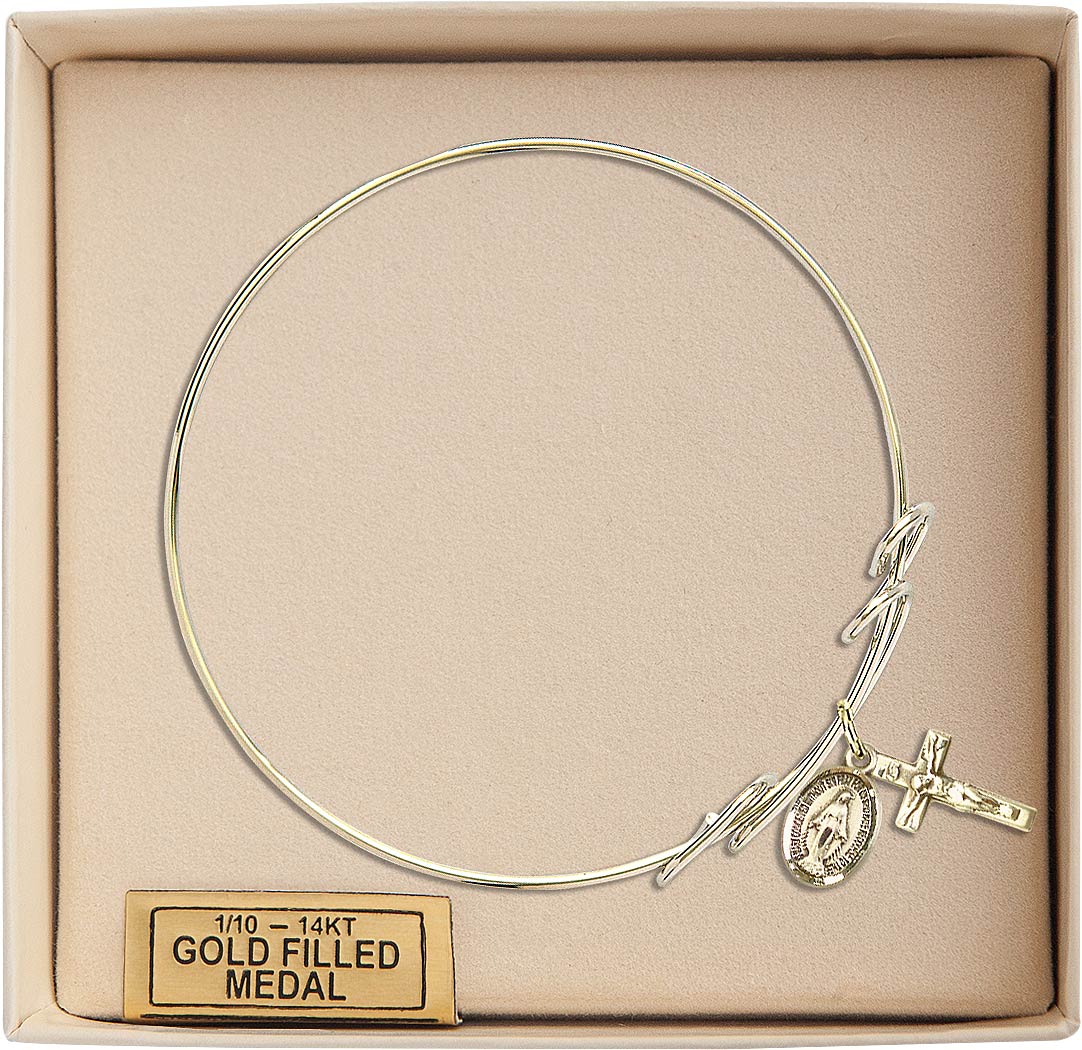 Bliss Gold-filled Miraculous and Crucifix Round Double Loop Bangle Bracelet