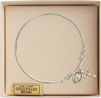 Gold-filled Miraculous and Crucifix Round Double Loop Bangle Bracelet (view 2), Bliss Manufacturing