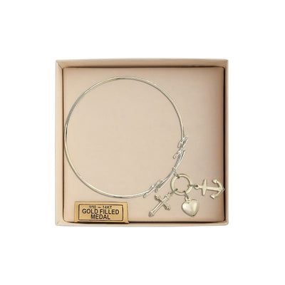 Faith, Hope & Charity Gold-filled Medals with gold-plated Double Loop Design Bangle Bracelet in Gift Box, Bliss Manufacturing