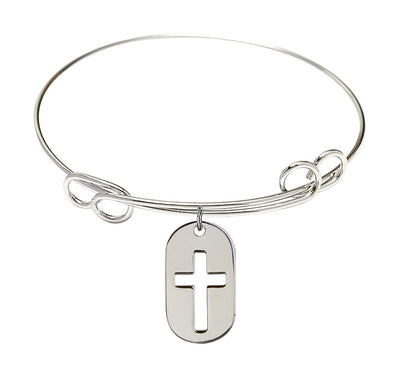 Sterling Silver Cross Dog Tag Round Double Loop Bangle Bracelet, Bliss Manufacturing
